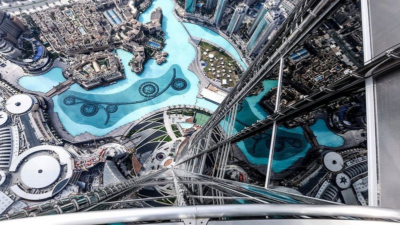 A photograph of the downtown Dubai area, taken from the 124th floor of the Burj Khalifa – the world's tallest tower.