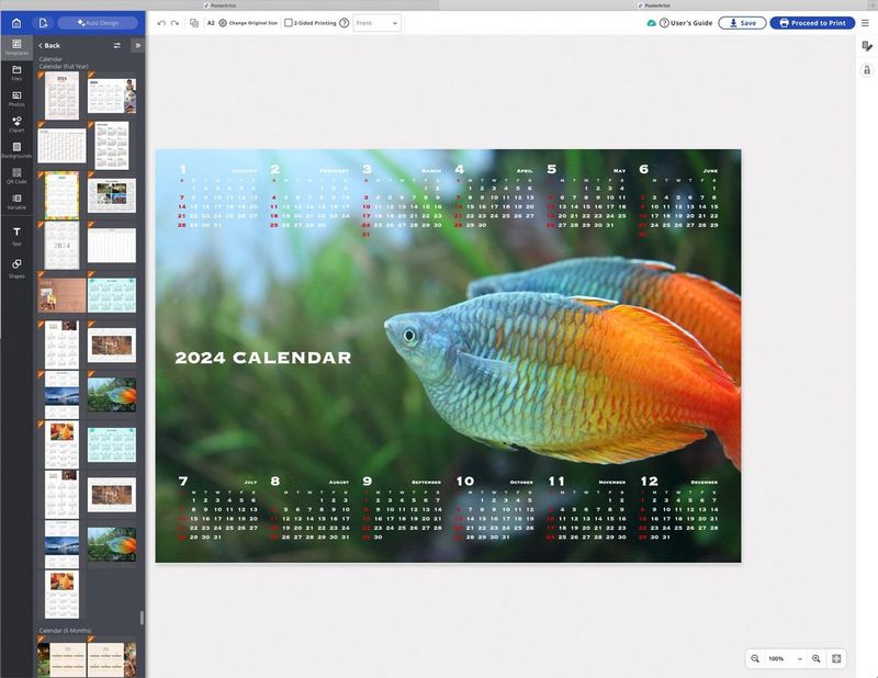 Een screenshot van een ontwerp in Canon PosterArtist. Het ontwerp is van een kalender voor 2024 met als achtergrond een foto van een kleurrijke tropische vis.