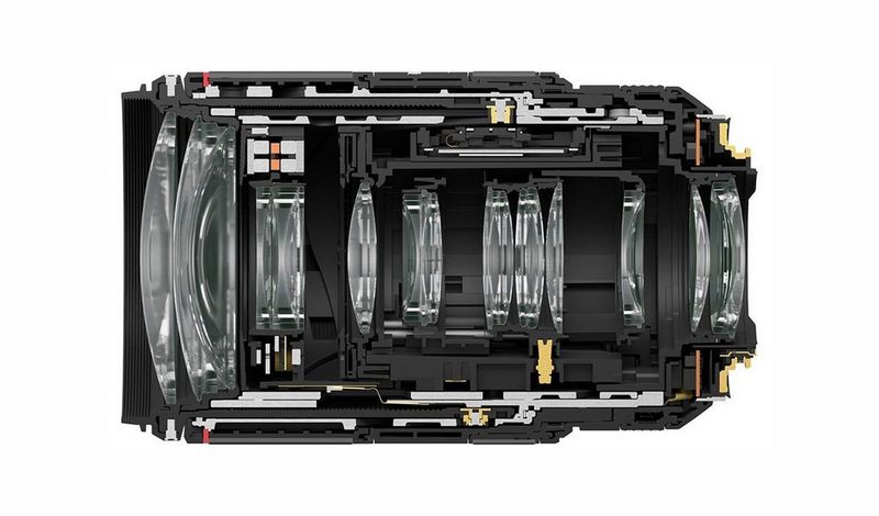 A cutaway of the Canon RF 70-200mm F2.8L IS USM lens, fully closed.