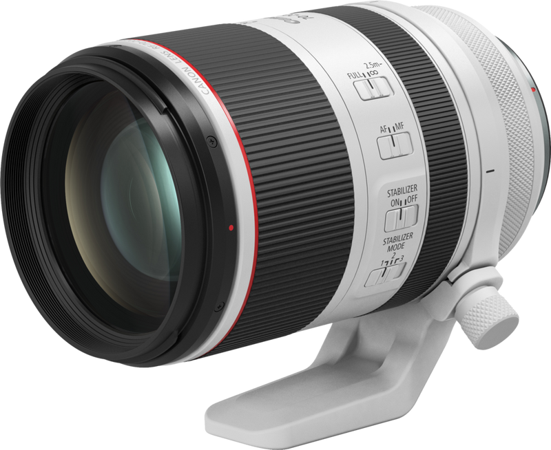 The Canon RF 70-200mm F2.8L IS USM lens with tripod mount fitted.