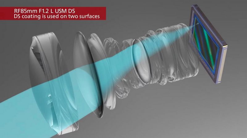 A schematic view of the Canon RF 85mm F1.2L USM DS lens showing the DS coating on two lens elements.