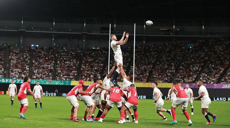 George Kruis of England wins a lineout during the England v Tonga match at Rugby World Cup 2019™.