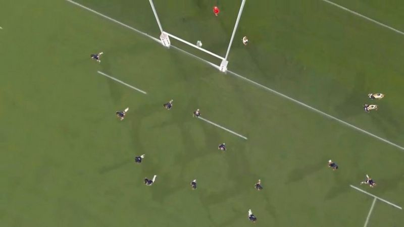 In a frame from the Canon Free Viewpoint Video System clip of the Ireland v Scotland match at Rugby World Cup 2019, the ball flies over the crossbar in a bird's-eye view.