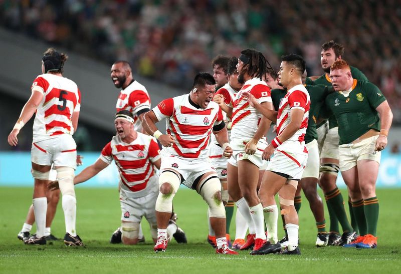 Japanese rugby players celebrate after being awarded a penalty against South Africa in their Rugby World Cup 2019™ quarter-final.