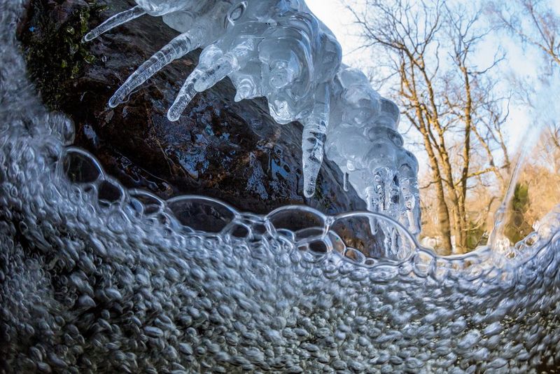 Icicles pictured from underwater, framed by a mass of bubbles. Taken by Theo Bosboom.