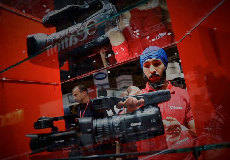 The latest 4K camcorders, on the Canon stand at the International Broadcasting Convention 2017.