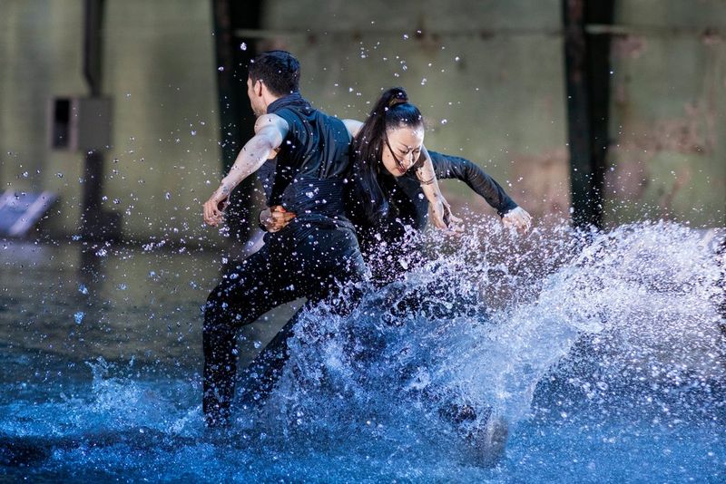 Two dancers captured in action in the Conny Janssen Danst water dancing troupe’s show ‘Mirror Mirror’ in Rotterdam, June 2017.