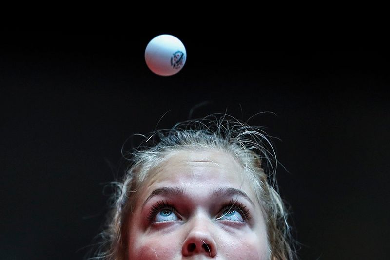 Maya Hitij captures the moment that Christina Kallberg of Sweden eyes a table tennis ball during a table tennis match in Düsseldorf, Germany