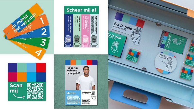 Diverse voorbeelden van middelen in de MKB communicatie toolsobox zoals een flyer, informatieve kaarten, gespreksstarters en duidelijke call-to-actions.
