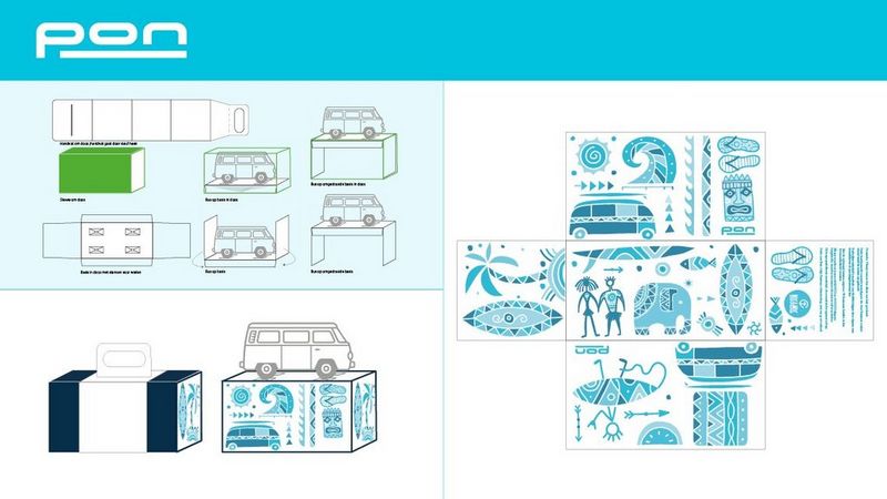 Ontwerp en opmaak van cadeauverpakking met surf- en strandthema voor Pon. Afbeelding toont een plat ontwerp met blauwe illustraties van surfplanken, golven, palmbomen en een retro Volkswagenbusje, plus