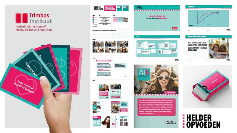 Overzicht van middelen gemaakt voor de Helder opvoeden campagne van trimbos zoals een kaartspel, website ontwerp, flyer en brochure.
