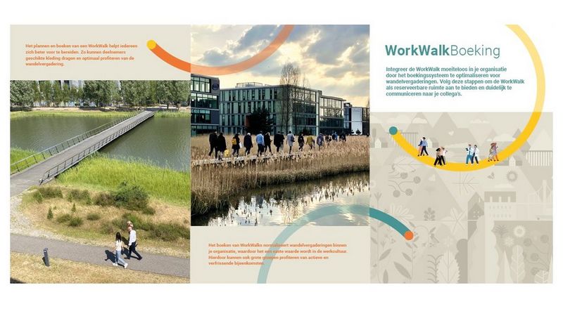 Mensen die een workwalk lopen en informatie hoe je deze kunt reserveren