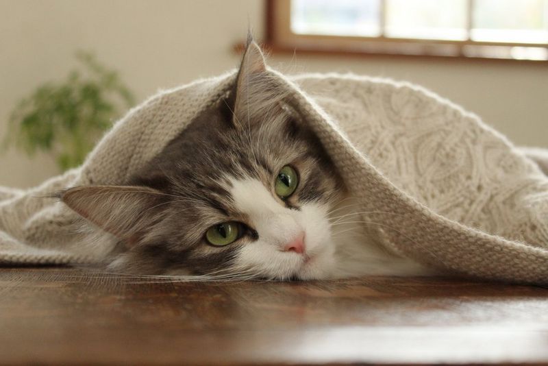 חתול שוכב מתחת לשמיכה על הרצפה.