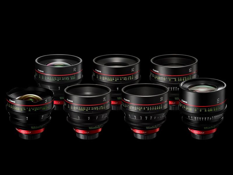  A range of seven Canon CN-E Prime lenses on a black background.