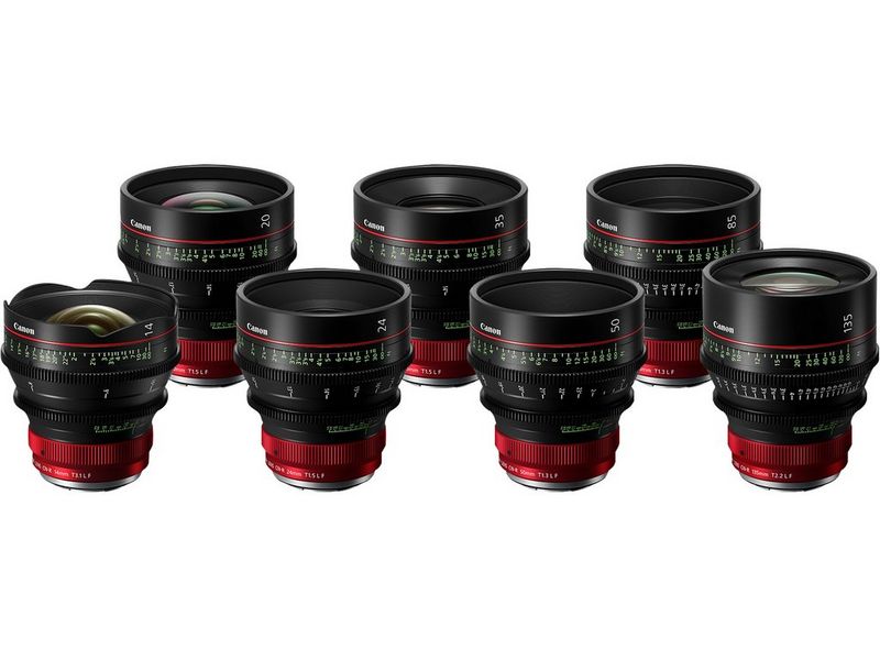 Seven Canon RF Cine Prime lenses, ranging from 14mm to 135mm in focal length.