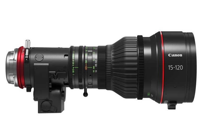 Een zijprofiel van het Canon CN8X15 IAS S E1/P1 Cine Servo-objectief.