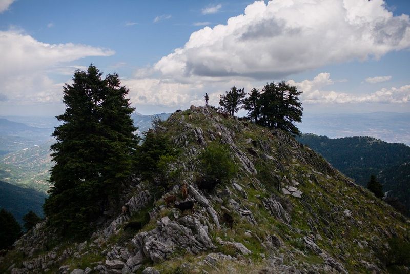  A person stands on the peak of a rocky outcrop against a cloudy sky, with a valley stretching into the distance. Shot on Canon.