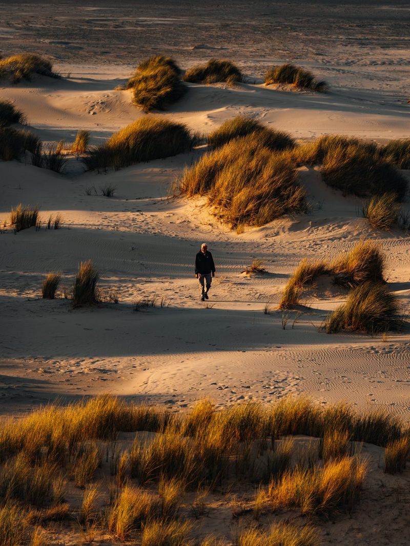 A man walking on a dune-covered beach in golden light, shadows pooling across the scene. Travel photo taken on a Canon EOS R5 Mark II.