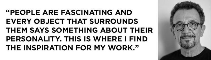 Left: a quote that reads: “People are fascinating and every object that surrounds them says something about their personality. This is where I find the inspiration for my work.” On the right, a black and white portrait of Eberhard Schuy, who wears glasses and a black t-shirt.