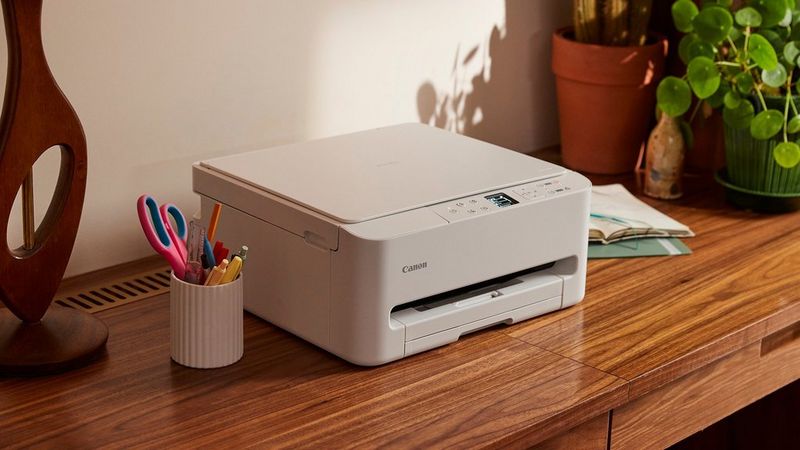 Ein kompakter PIXMA Drucker neben Schreibwaren und Pflanzen in einem Homeoffice.
