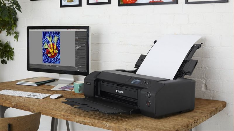 Ein professioneller PIXMA Fotodrucker druckt auf einem Schreibtisch ein Foto aus.