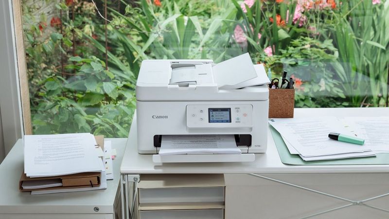 Canon PIXMA TR7650 Drucker auf einem Schreibtisch im Homeoffice beim Drucken von Dokumenten neben Schreibwaren und Karten.