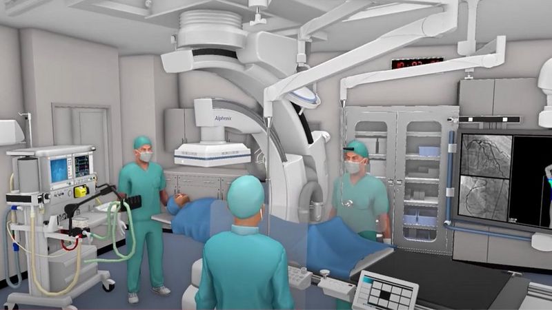 A computer generated 3D recreation of a scanning room. A patient lies on a gurney, underneath a scanner. Three clinicians in scrubs surround them. In the room there are medical machines and a screen showing scans.