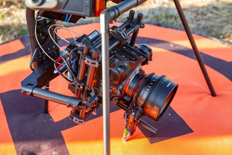 A Canon EOS C300 Mark III attached to a drone rig. 