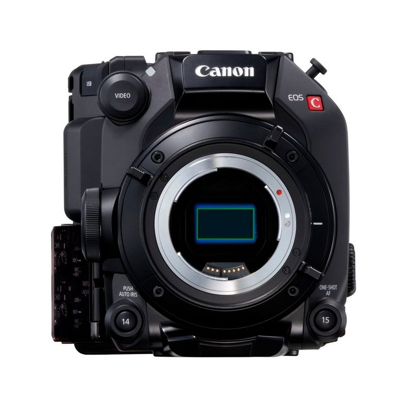 Front view of the Canon EOS C300 Mark III without lens attached.
