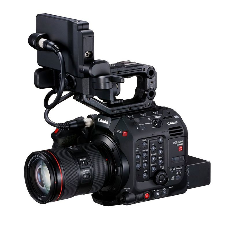 The Canon EOS C300 Mark III with monitor screen and EF 24-105mm f/4L IS II USM lens.