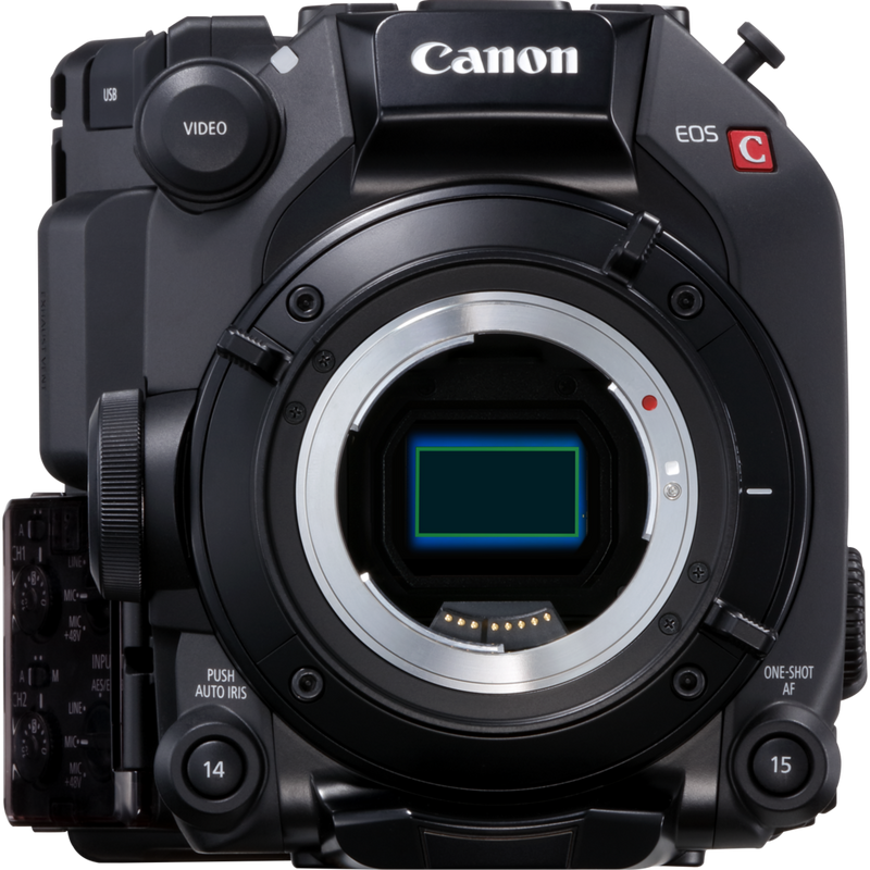 Vooraanzicht van een Canon EOS C300 Mark III, waarop het formaat van de Super 35mm DGO-sensor goed zichtbaar is.
