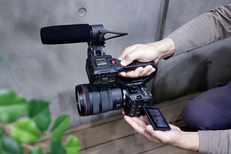 A user holds a fully-rigged Canon EOS C50 with an external microphone attached to the top handle.