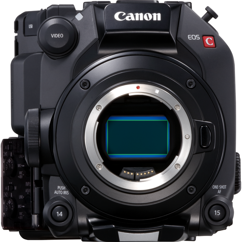 Vooraanzicht van een Canon EOS C500 Mark II, waarop de grootte van de full-frame sensor goed te zien is.