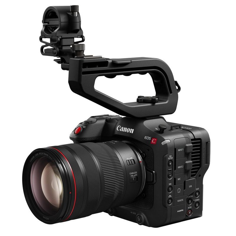 A Canon EOS C70 camera with Canon RF 24-70mm F2.8L IS USM lens, with handle unit fitted.