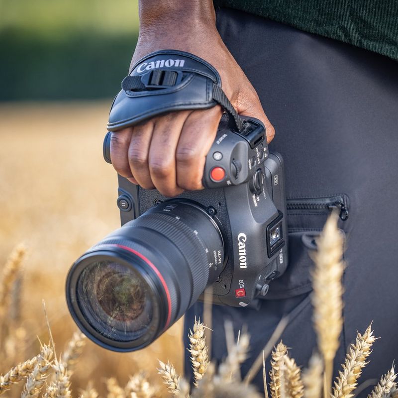 A man stands in a wheat field holding a Canon EOS C70 camera by his side.
