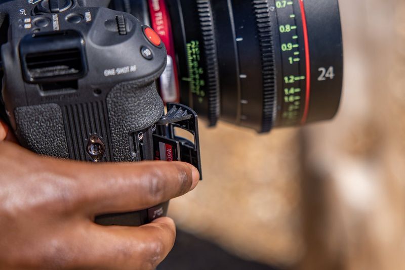 A Canon EOS C70 camera with a cine lens attached.