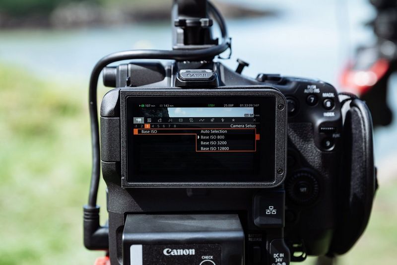  A view of the LCD screen of a Canon EOS C80 showing the triple base ISO function.