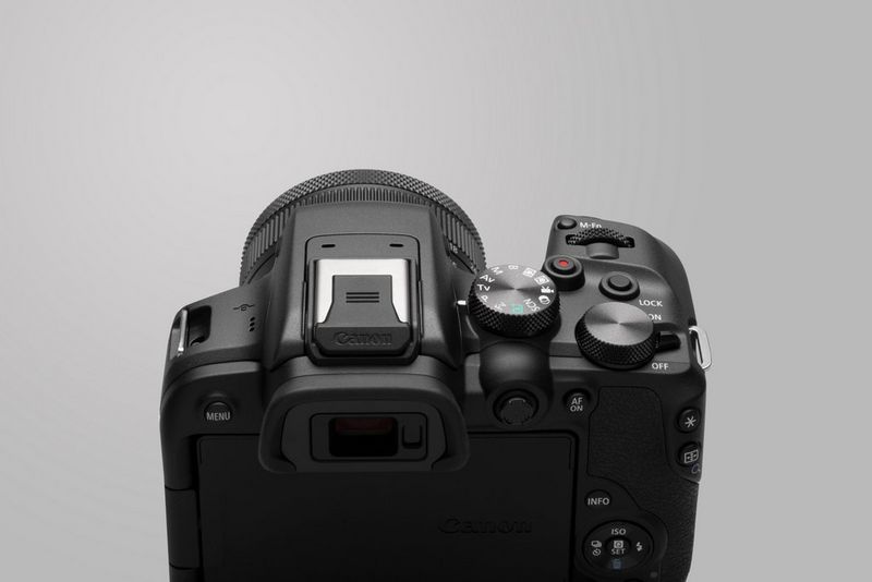 A Canon EOS R10 pictured from the back.