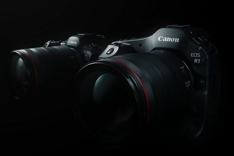 The Canon EOS R5 Mark II and Canon EOS R1 against a black background.