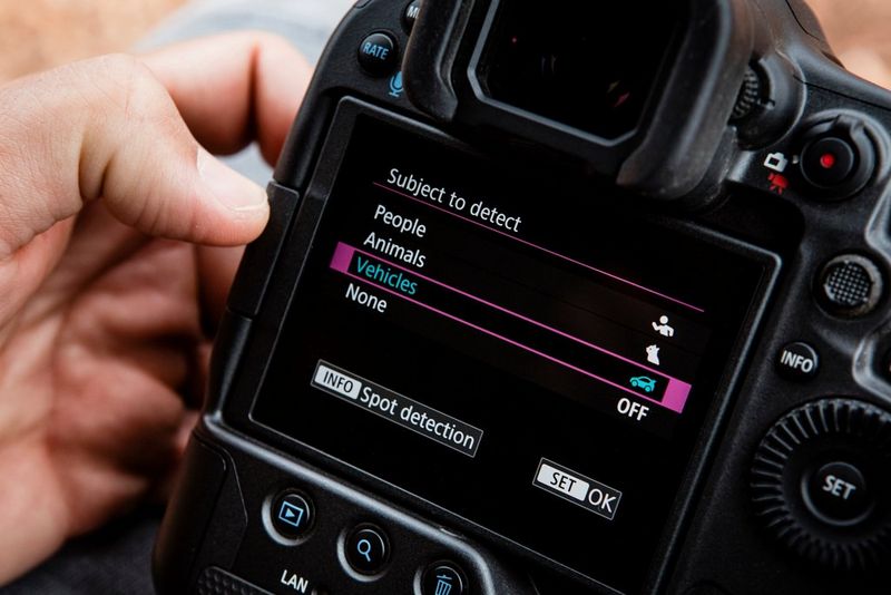 The rear screen of a Canon EOS R3 showing the Subject to detect menu.