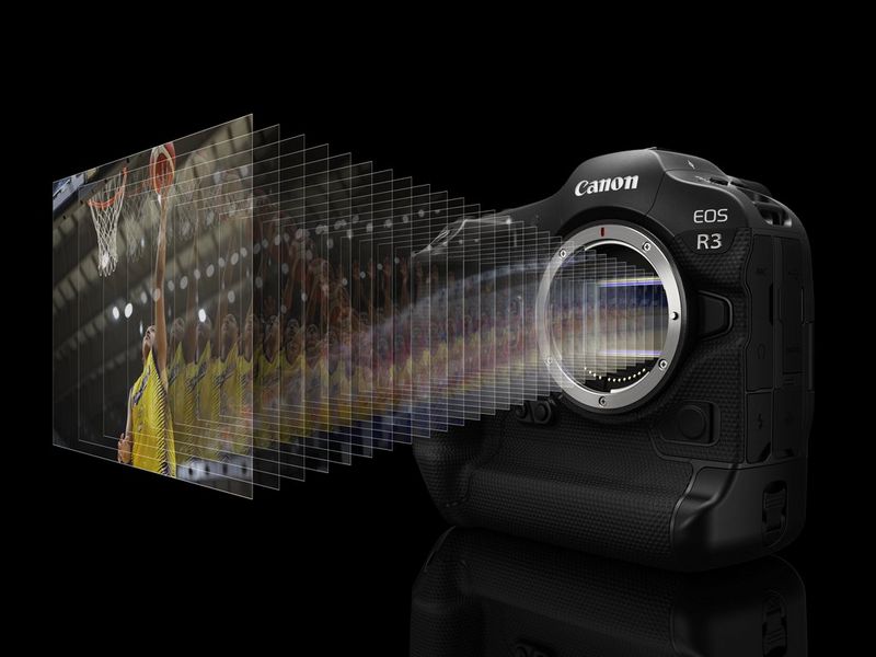 An EOS R3 camera with a range of fast-burst shots of a basketball match illustrated as coming from the sensor.