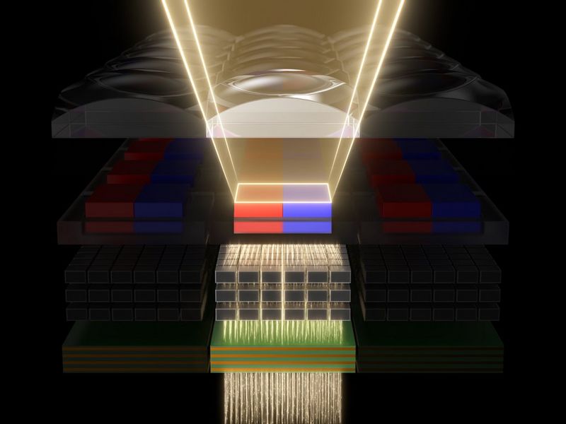 Een illustratie van de stacked, back-illuminated CMOS-sensor in de Canon EOS R3.