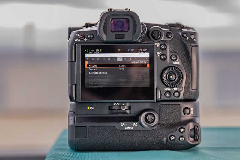 The back of a Canon EOS R5 C, showing the network settings on the screen.