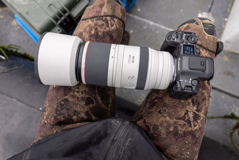 A Canon RF 100-500mm F4.5-7.1 L IS USM zoom lens resting on a wildlife photographer's camouflaged legs.