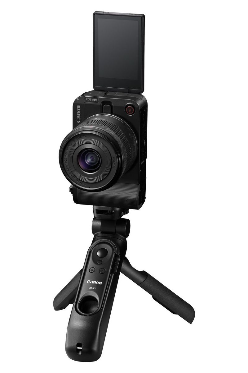 A Canon EOS R50 V camera, with a Canon RF-S 14-30mm F4-6.3 IS STM PZ lens, mounted vertically on a Canon Tripod Grip HG-100TBR. 