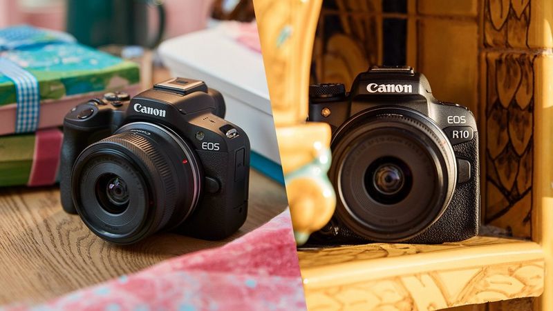 A split image showing a Canon EOS R50 on a desk next to craft materials and a Canon EOS R10 on a tiled shelf.