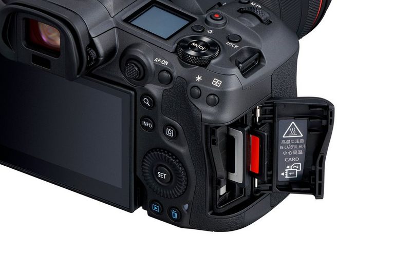 The CFexpress slot and SD card slot on the Canon EOS R5 camera.