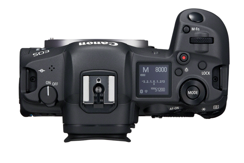 Bovenaanzicht van de Canon EOS R5, waarbij de knoppen en keuzewielen aan de bovenkant worden getoond.