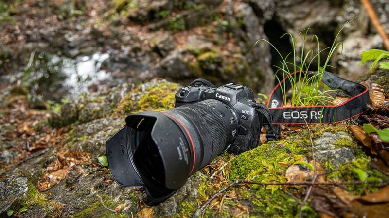 A Canon EOS R5 camera with a zoom lens attached positioned on a moss-covered rock.