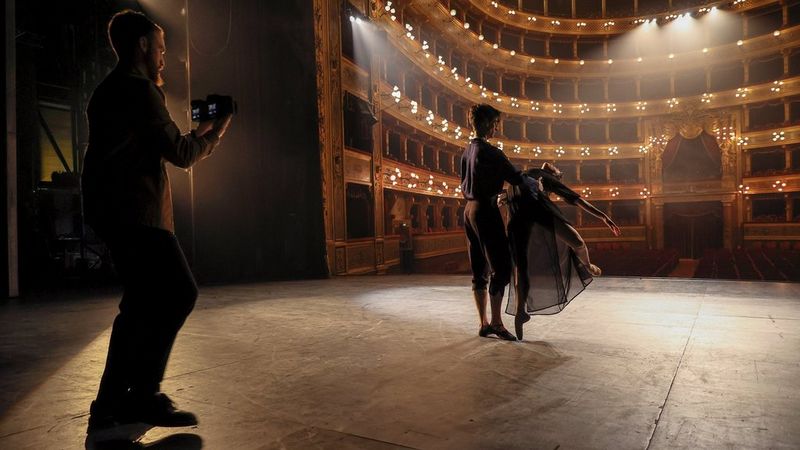 Javier shooting two ballet dancers in a theatre with Canon EOS R6